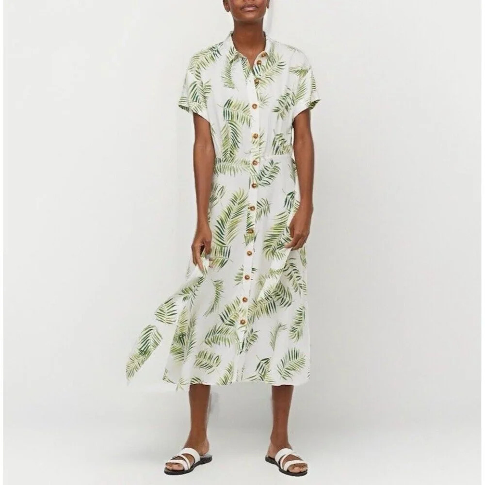 H&M White Midi Shirt Dress with Green Palm Print